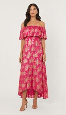Wallis Metallic Jacquard Off Shoulder Bardot Midi Dress Womens Size 6 Petite New